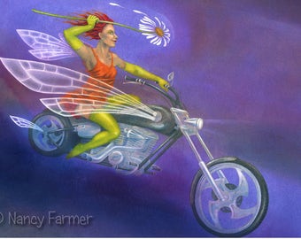 Large art card - "The Daisy Chopper" - fairy & motorbike, Fantasy art by nancy Farmer