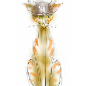 Wenskaart: "The Viking Cat" - art card, grappige kat, gember kat, lege binnen. Tekening door Nancy landbouwer.