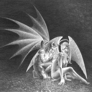 The Tattooist - art print of a demon and angel. Satanic, goth, fetish, humorous dark art. From a drawing by Nancy Farmer