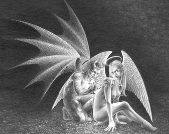 The Tattooist - art print of a demon and angel. Satanic, goth, fetish, humorous dark art. From a drawing by Nancy Farmer