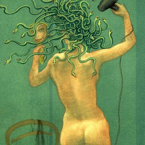 Painting of Medusa drying her snakes with a hairdryer - by Nancy Farmer