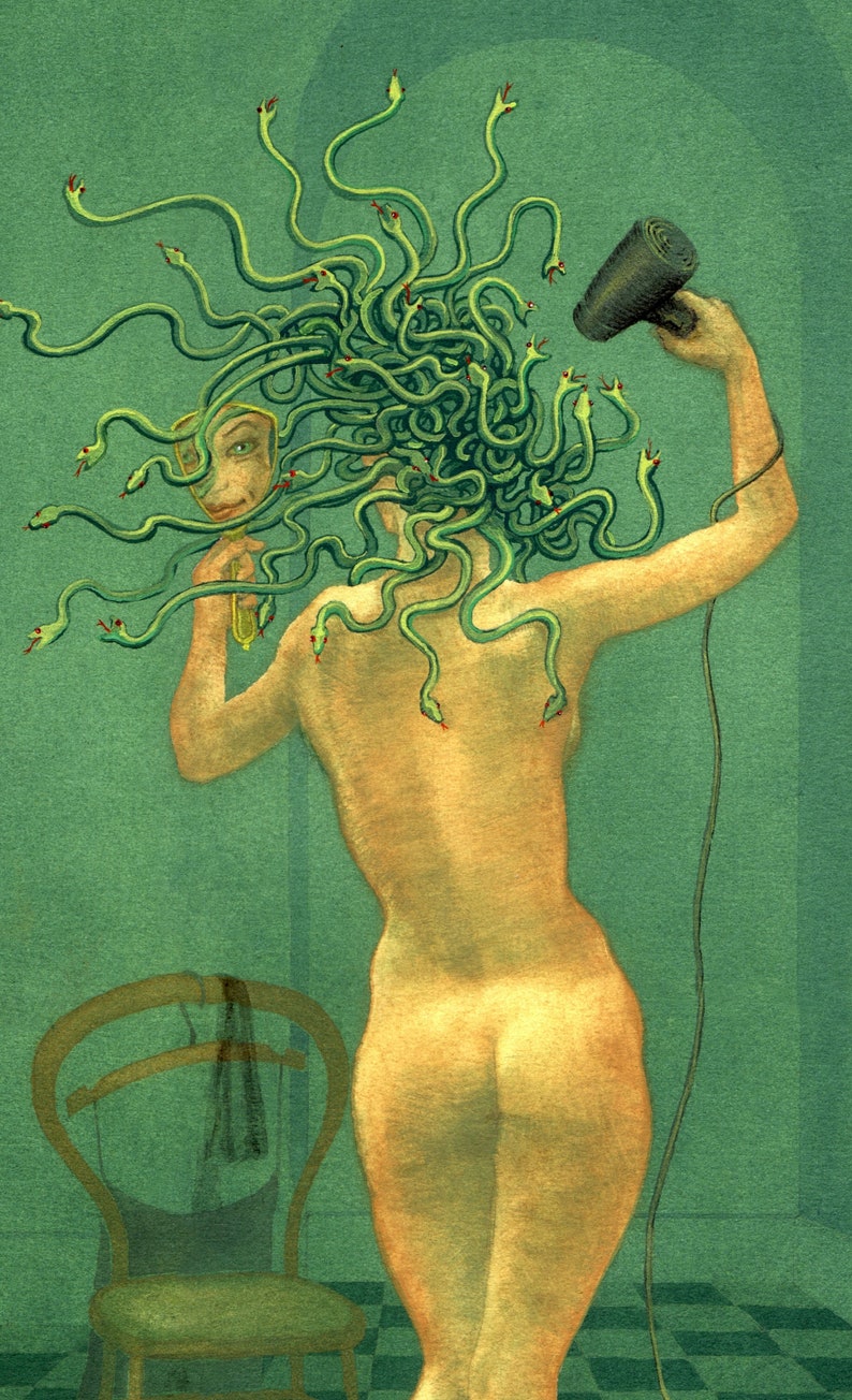 Painting of Medusa drying her snakes with a hairdryer - by Nancy Farmer