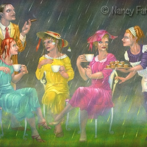 Grote wenskaart - "Tea on the Lawn" - Engels theekransje in de regen, naar een schilderij van Nancy Farmer. Kunstkaart.