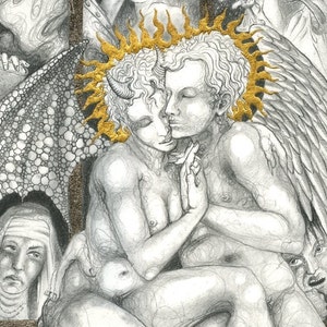 Art print The Marriage of Heaven and Hell drawing of angel & devil kissing outside a church. Love, religion, inspired by William Blake image 2