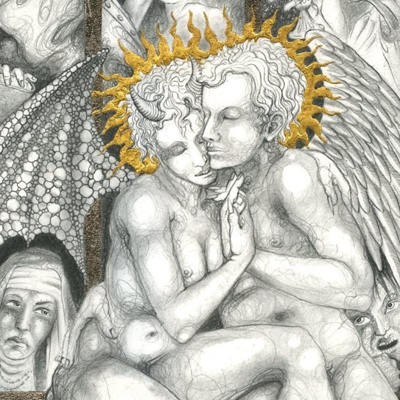 Art print The Marriage of Heaven and Hell drawing of angel & devil kissing outside a church. Love, religion, inspired by William Blake image 2