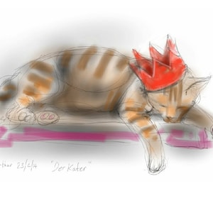 Kat kaart - groeten / verjaardag / Valentijn: "Der Kater" of "The Morning After" - kat met een kater, de partij kat, de kaart van de kunst, door nancy boer