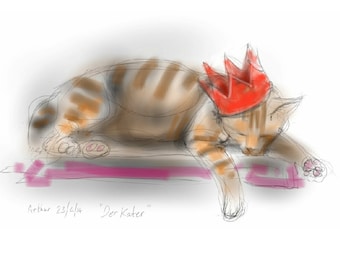 Cat card - greetings / birthday / valentine: "Der Kater" or "The Morning After" - cat with a hangover, party cat, art card, by nancy Farmer