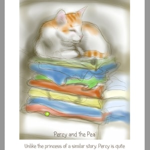 Märchen-Katze-Karte: "Percy auf der Erbse" - Kunstkarte, Katze & Märchen, schlafende Katze, Geburtstagskarte, Valentines / Grüße. Katze zeichnen.