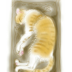 tarjeta de saludos: 'Sargento rayas' - jengibre y blanco el gato durmiendo en una caja de cartón, tarjeta, interior en blanco