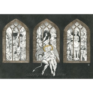 Art print The Marriage of Heaven and Hell drawing of angel & devil kissing outside a church. Love, religion, inspired by William Blake image 1