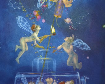 Large art card - "The Intrepid Explorer" - Flying ace fairy, fireworks, from a painting by Nancy Farmer