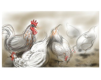 Art greetings card - 'Chickens' - chickens pecking. Farm scene, birds, drawing by Nancy Farmer, blank inside