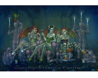 Fantasy Fetish art print - "Painted Devils" - dark, sinister, funny picture by Nancy Farmer, UK Artist. Dominatrix she-devils in Hell.