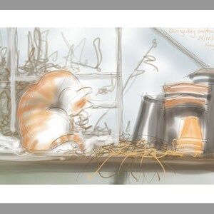cartão de gato: "Boxing Day Gardening" - cartão de felicitações artístico, gato na estufa, desenho de Nancy Farmer