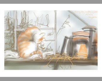 cat card: "Boxing Day Gardening" - art greetings card, cat in the greenhouse, drawing by Nancy Farmer