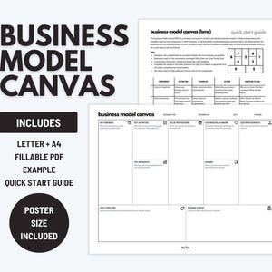 May include: A black and white business model canvas template with the title "Business Model Canvas" and the text "Includes: Letter + A4 Fillable PDF Example Quick Start Guide Poster Size Included".