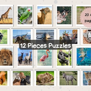 Può includere: Un set di 20 puzzle di animali stampabili in 12 pezzi. I puzzle presentano una varietà di animali, tra cui una giraffa, un pappagallo, un cammello, un cane, un gatto, una scimmia, un leone, un alpaca, un fenicottero, un gorilla, una tartaruga, uno scoiattolo, un cavallo, un capibara, una zebra e un leopardo.