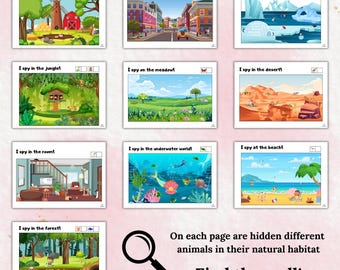 May include: A collection of illustrated "I Spy" game pages, each depicting a different environment such as a farm, jungle, and beach. The text "Find them all!" is displayed below a magnifying glass graphic.