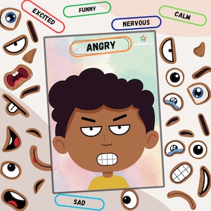 Puede incluir: Una hoja de actividad imprimible con un niño de dibujos animados con una expresión de enojo. La hoja incluye una variedad de rasgos faciales, incluidos ojos, cejas, bocas y narices. El niño está rodeado de un fondo colorido con las palabras "Angry", "Excited", "Funny", "Nervous", "Calm" y "Sad" escritas en cuadros coloridos.