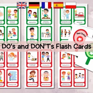 子供向けの良い行動と悪い行動のフラッシュカード、印刷可能なカード、子供向けの 5 か国語のフラッシュカード、モンテッソーリ、学校活動用のフラッシュカード、PDF