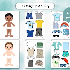 Puede incluir: Una actividad de vestir imprimible para niños con dos personajes de niños diferentes y varios artículos de ropa para cortar y vestirlos. Los artículos de ropa incluyen camisas, pantalones cortos, pantalones, gafas de sol, sombreros y zapatos. La impresión está diseñada para papel A4 e incluye 6 páginas.