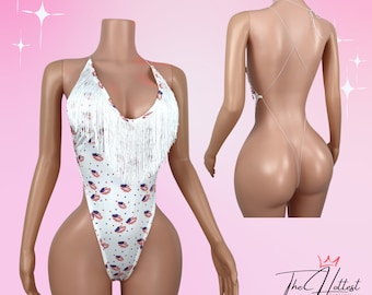 Exotic USA Red White Blue Flag Print One Piece Sexy Dancewear B4