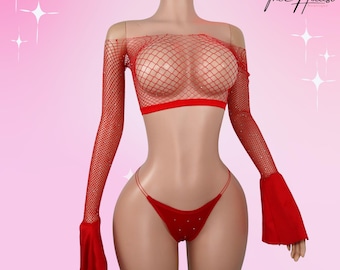 Exotic Dancewear Red Fishnet Two Piece Sexy Stripper Outfit