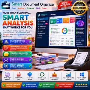 Puede incluir: Una interfaz de software Smart Document Organizer en un monitor de computadora, con un panel de control con gráficos, análisis de IA y un escáner de documentos procesando un recibo de FedEx, junto con texto descriptivo.