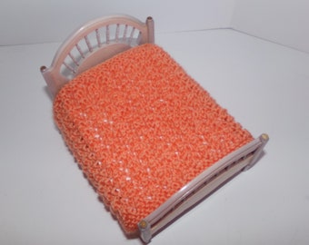Miniature Doll Blanket, Hand Knit 1/12 Scale Doll Blanket, Hand Knit Peach Blanket, Miniature Doll Accessories