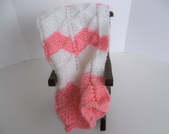 Knit Blanket,  Doll Blanket. Medium Pink and White Doll Blanket/Afghan/Throw. Small Dolls Knitted Doll Blanket