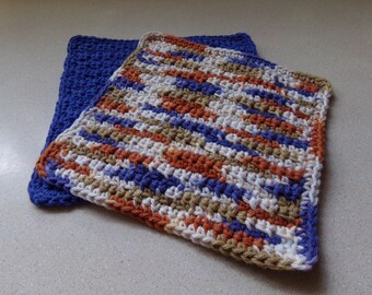 Crochet Dish/Wash/Spa/Bath Cloths - Set of 2 Coths-  Blue and Multicolor - Knit Dishcloths -  Gift Basket Idea -  House Warming