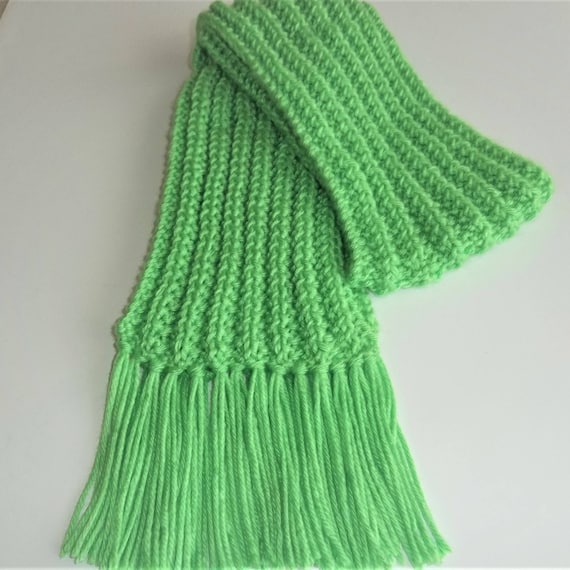 Knit Scarf Child S Knitted Scarf Toddler S Hand Knit Scarf Rib Scarf Lime Green Fringed Scarf Winter Accessory Gift Idea