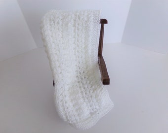 Doll Blanket, White Hand Knit Doll Blanket/Afghan/Throw, Hand Made, Gift Idea, Doll Accessories