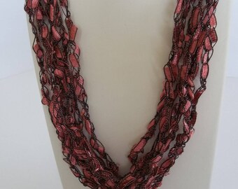 Rose Burgundy Crochet  Necklace - Trellis Ribbon Lace -  Fiber Yarn -    Womens Accessories - Gift Idea