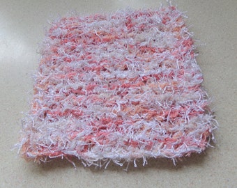 Square Knit Scrubby -White and  Peach Dish, Pot, Face Double Thickness  Scrubby - Kitchen Essentials - Beauty Essentials