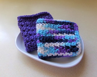 Crochet Purple and Multicolor Dish Cloths - A set of 2 Hand Crochet Dish/Wash/Face Cloths - Housewarming Gift Basket Idea