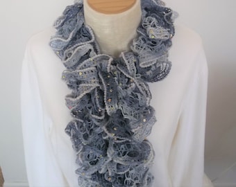 Knit Ruffle Scarf, Women's Frilly Scarf, Neck Warmer, Shades of Blue, Women's Accessory