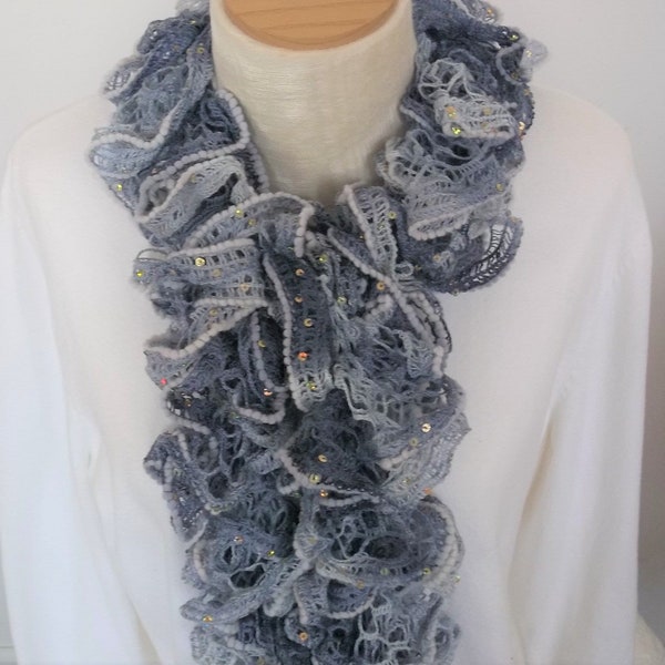 Knit Ruffle Scarf, Women's Frilly Scarf, Neck Warmer, Shades of Blue, Women's Accessory