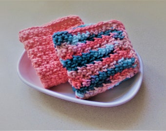 Coral and Multicolor Dish Cloths - A set of 2 Hand Crochet Dish/Wash/Face Cloths - Housewarming Gift