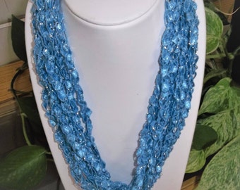 Blue with Silver Necklace -  Crochet  Trellis Ribbon -  Lace Fiber - Birthday Gift - Accesssories