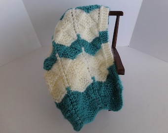 Ivory Aqua Knit Doll Blanket, Dark Aqua with Ivory,  Doll Blanket/Afghan/Throw. Doll Accessories