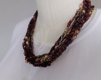 Brown Gold Crochet Fiber Necklace - Ladder Lace Necklace - Trellis Ribbon Lace - Fashion Accessories -  Birthday Gift