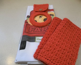 Red Kitchen Towel Gift Set - Towel, Dishcloths, and Towel Ring - Kitchen Accessories - Housewarming Gift