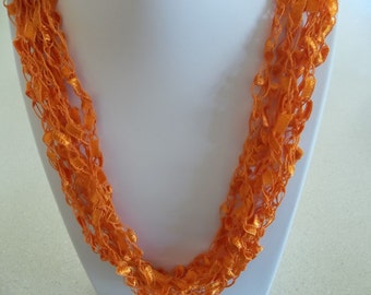Orange Fiber Necklace - Crochet Orange Necklace - Fiber Lace Necklace - Ribbon Necklace - Fashion Accessory - Halloween Orange - Gift Idea