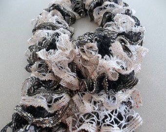 Knit Boho Black. Cream. Gold Knitted Ruffle Scarf. Gold Sequins