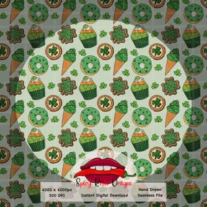 May include: A seamless digital pattern with St. Patrick's Day treats. The design includes green donuts, cupcakes, ice cream cones, shamrock cookies, and four-leaf clovers on a light green background. The image includes the text "Spicy Reed Designs".