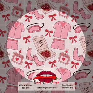 May include: Seamless digital pattern featuring pink pajamas, socks, eye masks, bows, heart-shaped pizzas in boxes, and candles. The text "Made with Love!" is visible on the pizza boxes. The design is hand-drawn.