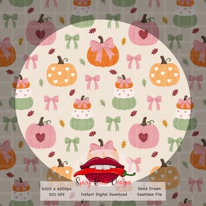 Blush Harvest Pumpkins Seamless Pattern, Coquette Fall Digital Paper (PNG)