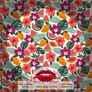 May include: A seamless digital pattern featuring a tropical design with hibiscus flowers, mangoes, watermelon slices, and green leaves. The design is hand-drawn and includes the text "Spicy Red Designs".