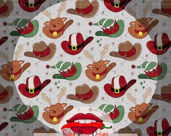 Western Christmas Pattern | Cowboy Hats, Reindeer, Elves Seamless PNG (Digital Download)